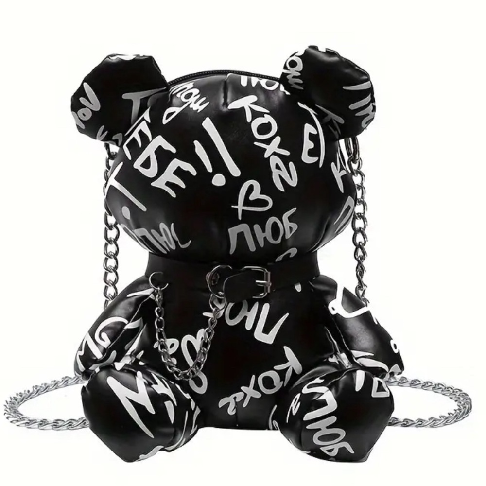 Teddy Bear Faux Leather Plush Graffiti Shoulder Bag Black and White Purse NEW